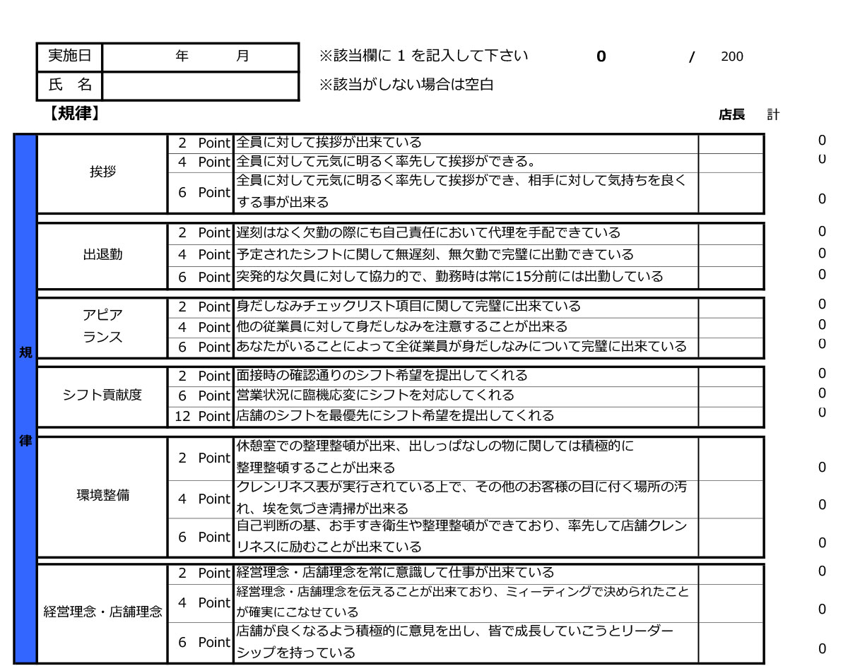 アルバイト評価表【テンプレート】規律設計