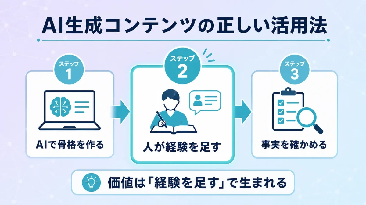 AI生成コンテンツの活用3ステップ。AIで骨格、人が経験を足す、事実を確認