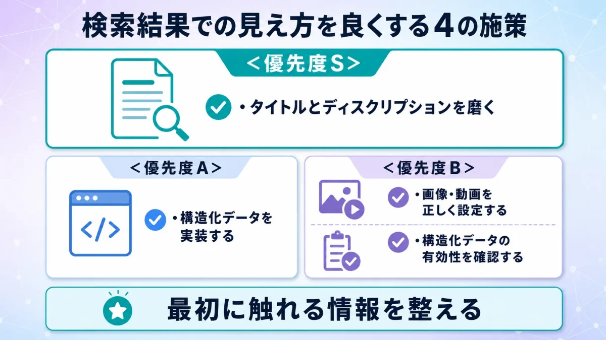 検索結果での見え方を良くする4の施策を優先度別に整理した一覧