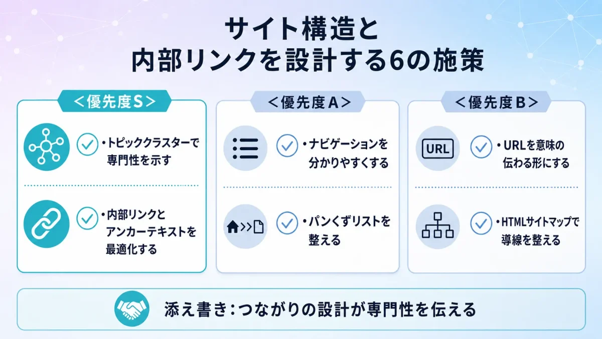 サイト構造と内部リンクを設計する6の施策を優先度別に整理した一覧