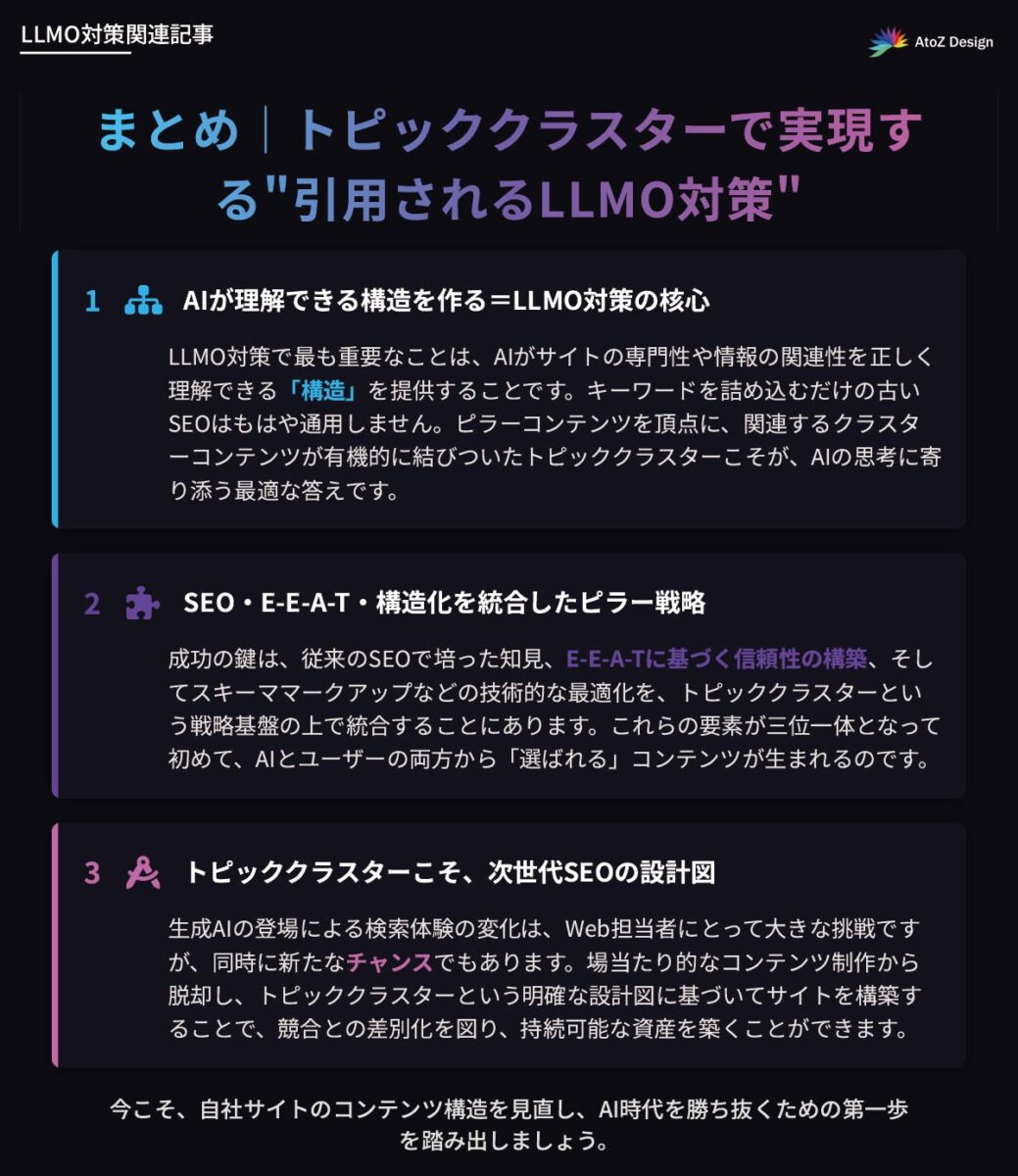 まとめ｜トピッククラスターで実現する“引用されるLLMO対策”